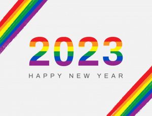 2023 Happy New Year in rainbow stripe colourway
