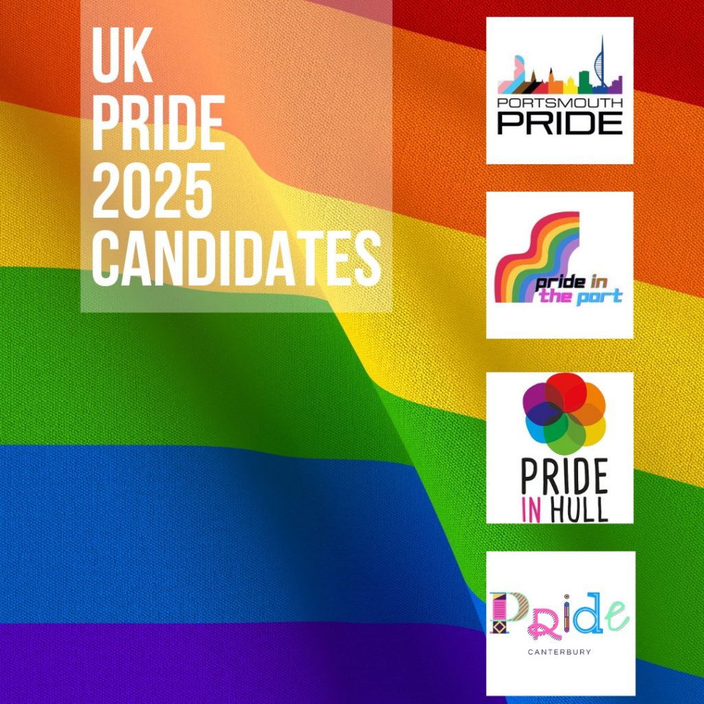rainbow stripe flag with the title UK Pride 2025 candidates and 4 inlaid Pride logos
