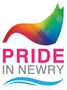 words pride in Newry below a multicoloured wave shape